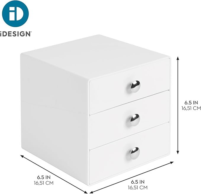 iDesign 3-Drawer Plastic Vanity Organizer, Compact Storage Organization Drawers Set for Cosmetics, Dental Supplies, Hair Care, Bathroom, Dorm, Desk, Countertop, Office, 6.5" x 6.5" x 6.5", White