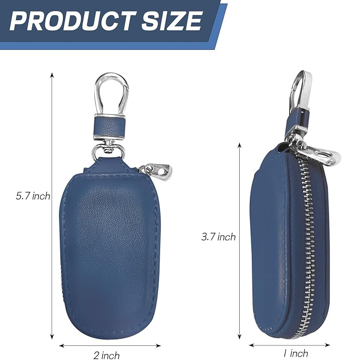 Car Key Case, Genuine Leather Auto Key Fob Protector, Universal Key Fob Cover Case with Metal Hook, Car Smart Keychain Holder for Remote Key Fob, Vehicle Keyring Zipper Bag (Blue)