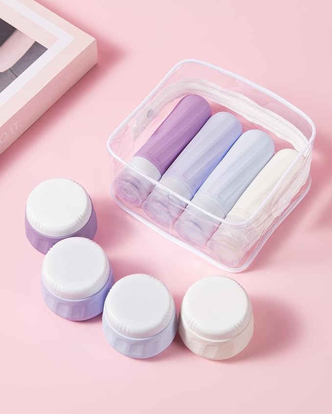 Mrsdry Travel Size Toiletries 8 Pack, TSA Approved 3oz Silicone Squeeze Bottles & Cream Jars with Clear Travel Bag