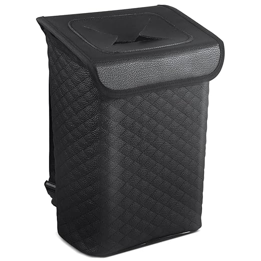 Tsumbay Car Trash Can with Lid, Leather Garbage Can, Leakproof and Removable Interior Liner, Multipurpose Hanging Garbage Bin with Quick Access Magnetic Opening, Trash Bin for Car (2 Gallon/7.5L)