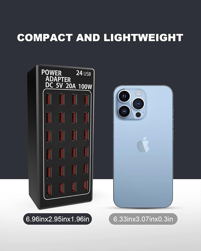 24-Port 100 watt (20 A) USB Charging Station, Travel Desktop USB Rapid Charger, Multi Ports Fast Charger Station Organizer Compatible with Smartphones, Tables, and More Devices
