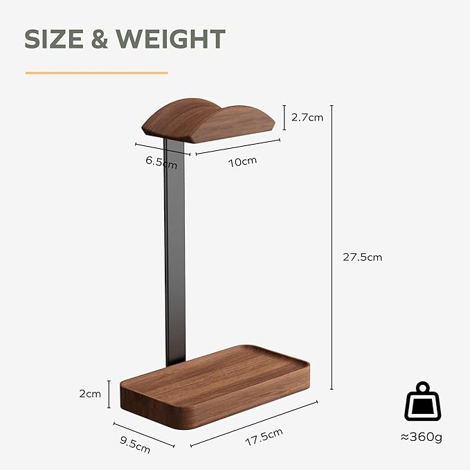 muso wood Walnut Headphone Stand, Wood Headset Stand with Storage Base, Headphones Holder for Gaming, Office, and Home Desk - Compatible with AirPods Max, Bose, Razer (Black)