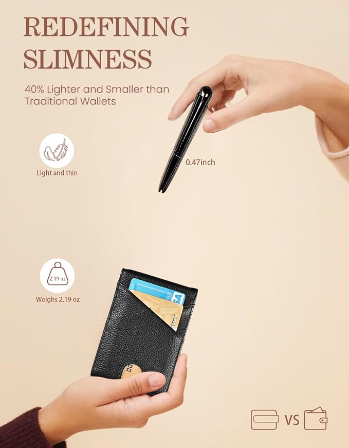 kinzd Slim Wallet with Money Clip RFID Blocking Minimalist Bifold Wallet for Men Genuine Leather Front Pocket Card Holder