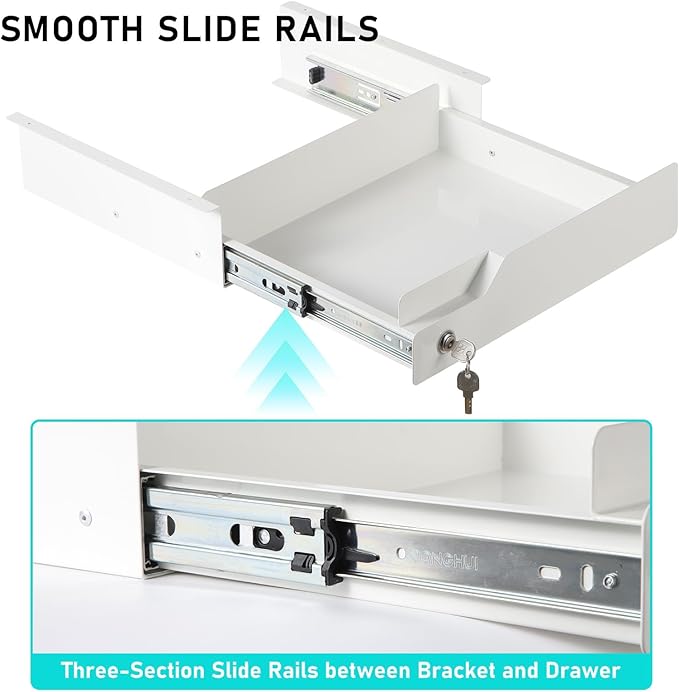 Under Desk Drawer Storage with Lock, Metal Undermount Table Drawer, Ball Bearing Slides Out Tray Organizer for Paper, Pencil, and Laptop 16"x11.8"x3.6", White