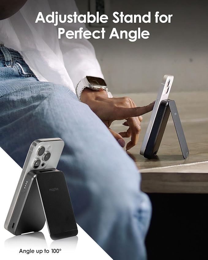 Mophie Snap+ Powerstation Mini with Stand - 5000mAh,15W Qi2 Magnetic Wireless Charger, Portable, Compatible with MagSafe & Qi-Enabled Smartphones, with Kickstand, USB C to USB C Cable Included, Black