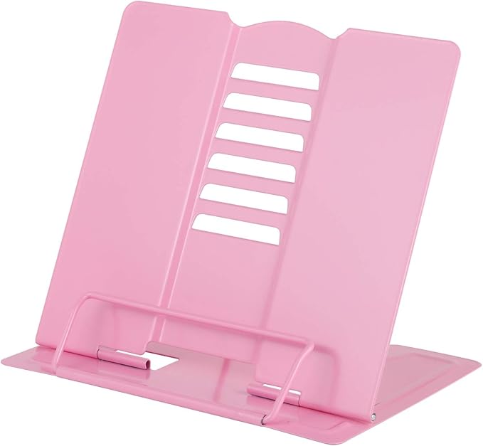 Blizzow Desk Book Stand Holder - Hands Free, Adjustable Metal Stand, Foldable Portable Bookstand - Cookbook, Recipe, Tablet, Music, Documents (Pink)