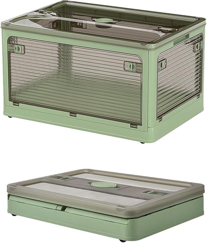 【5-Side Opening & 4 Rolling Casters】Storage Bins with Lids，Portable Foldable Storage Box ，Plastic Stackable Storage Bin for Snacks, Camping，Tools, Closet Organizer (Green)