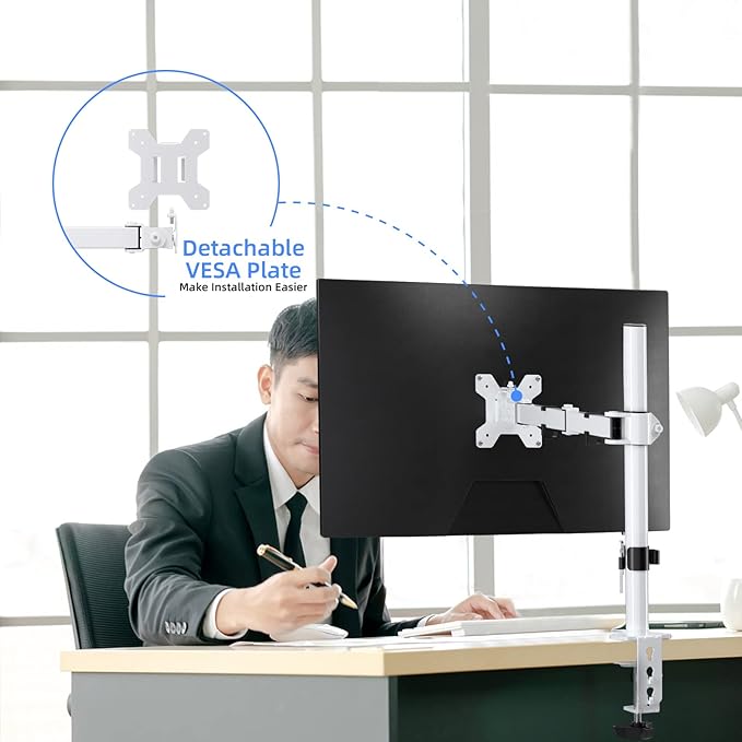 Suptek Single Monitor Arm Desk Mount Fully Adjustable Monitor Stand for 1 / One Screen up to 13" to 32" Extra Tall 15.75 inch Pole,VESA 75x75mm or 100x100mm,White (MD9421W)