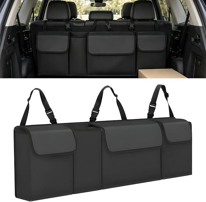 Car Trunk Organizer, Waterproof Backseat Hanging Large Storage with Adjustable Straps, Collapsible Cargo Bag with 4 Pockets, Sturdy Space Saver Frees Trunk Floor for SUV, Truck, MPV (Black)