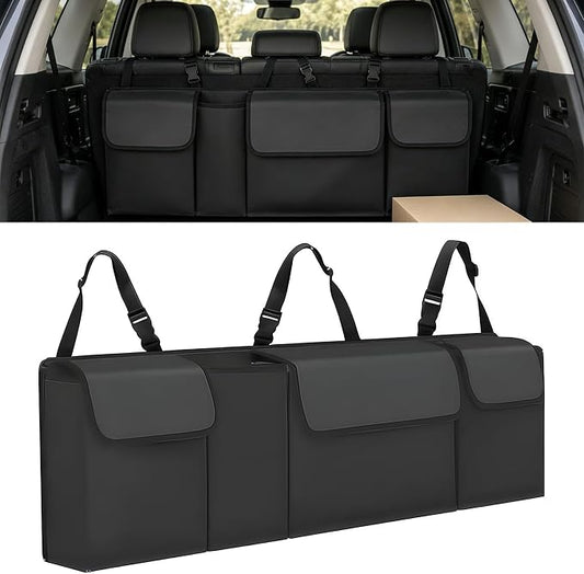 Car Trunk Organizer, Waterproof Backseat Hanging Large Storage with Adjustable Straps, Collapsible Cargo Bag with 4 Pockets, Sturdy Space Saver Frees Trunk Floor for SUV, Truck, MPV (Black)