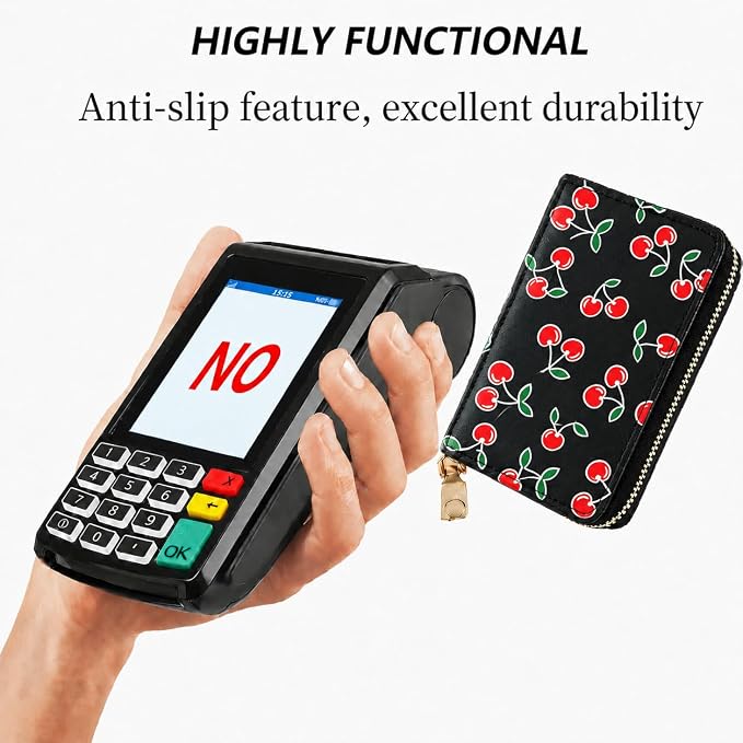 Ladies change card bag, zip storage bank card case, small portable 11 large capacity pouch, holds banknote change credit card(Black cherry)