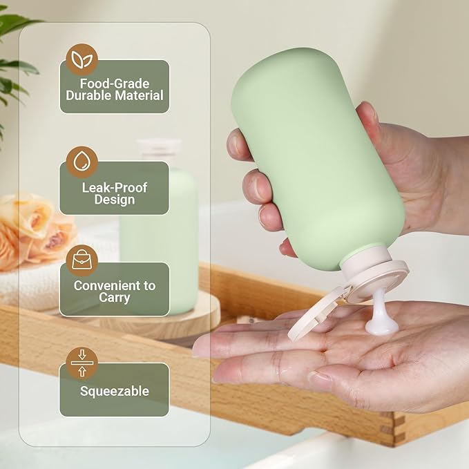 6.8oz Travel Bottles for Toiletries, Empty Plastic Squeeze Bottles with Flip Cap, Lotion Container for Toiletries Travel Size Shampoo and Conditioner (3 pack Green)
