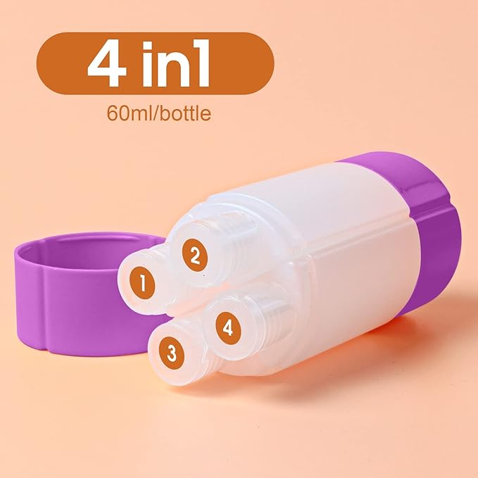 Olatay Travel Bottle, TSA approved 4-in-1 Leak-Proof Bottle, 4 * 60ml/2oz, with 2 Pre-printed Labels for Travel Gym Camping, Carry-On Travel Size Toiletries Shampoo Lotion Bottle for Women Men(Purple)