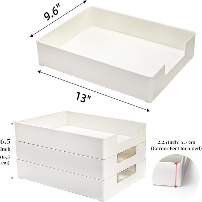 Eorbow 3 Pack Letter Tray, Plastic Stackable A4 Paper Trays, Rectangular Desk Drawer Organizer, File Holder for Desktop, Office Supplies Storage, White