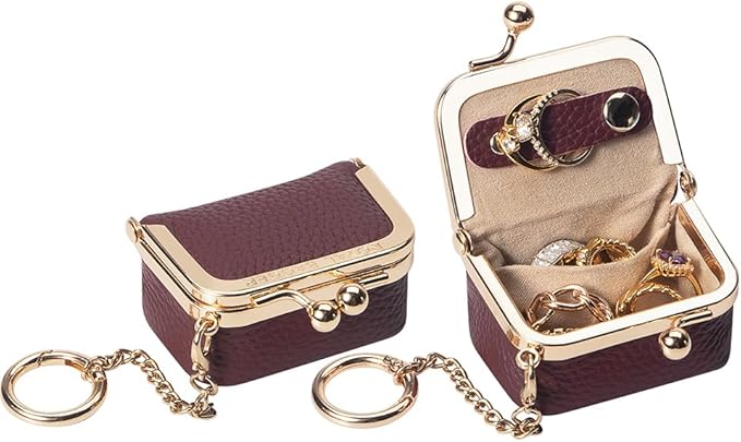 Royal Bagger Genuine Leather Mini Jewelry Women's Coin Purse Solid Color Kiss Lock Change Pouch Casual Style Small Storage Bag for Women 1894 (Wine Purple with Chain)