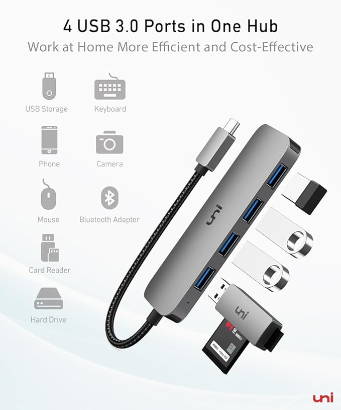 uni USB C to USB Hub Multiport Adapter, Aluminum 4 Ports USB C Splitter for Laptop, Slim Thunderbolt 3/4 Data USB Hub Compatible for MacBook Pro/Air, iPad Pro, Dell, Chromebook | Keyboard, Mouse, HDD