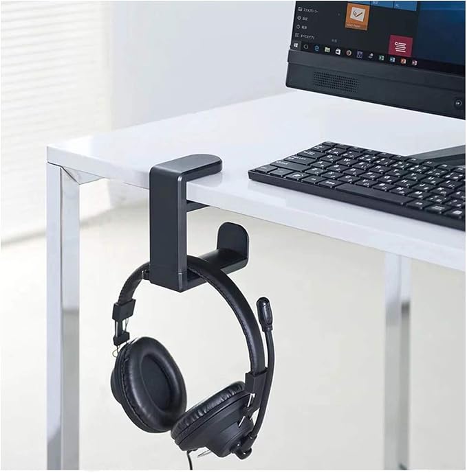 HDW Headphone Stand Holder Mount,Gaming Headset Hanger with Earphone Cable Clip Organizer,Under Desk Headphones Hook with Adjustable 360 Degree Rotation Clamp Black