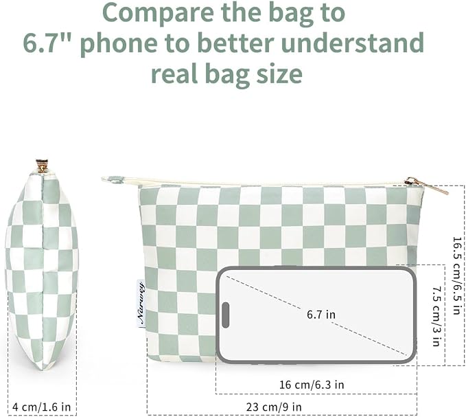 Narwey Small Makeup bag for Purse, Small Makeup Pouch for Purse Cosmetic Bag with Zipper, Cute Make up Pouch for Women Girls (Mint Green Checkerboard)