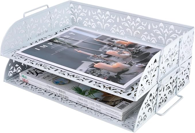PAG 2 Tier Desktop File Organizer Metal Stackable Letter Tray Paper Holder Rack for Desk, White