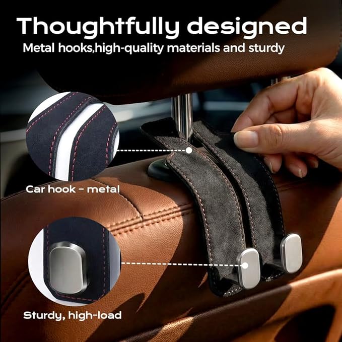 2026 New Headrest Hooks for Car, Car Seat Back Storage Hook, Leather Seat Back Storage Hook Organizer, Twin Hook Design Heavy Duty Holder for Purse, Bags, Handbag, Grocery, Umbrella (4, Black)