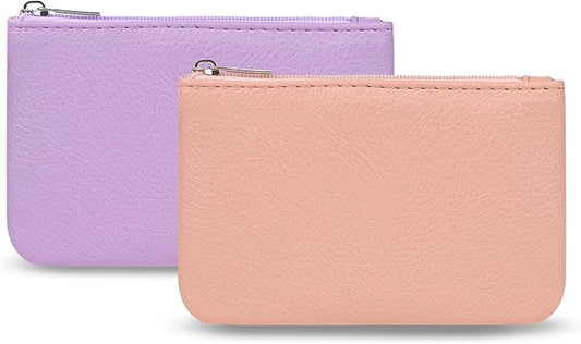 2 Pack Portable PU Leather Mini Coin Purse with Zipper for Women - Credit Card, Folded Bills, ID, Key, Headset, Lipstick (Pink&Purple)