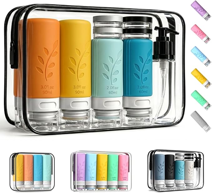unigo Silicone Travel Bottles Set for Toiletries, Airplane Approved TSA Carry On Size, BPA Free Leakproof Refillable Squeeze Containers with Labels, Cleaning Brush and Covers (Multicolor B)