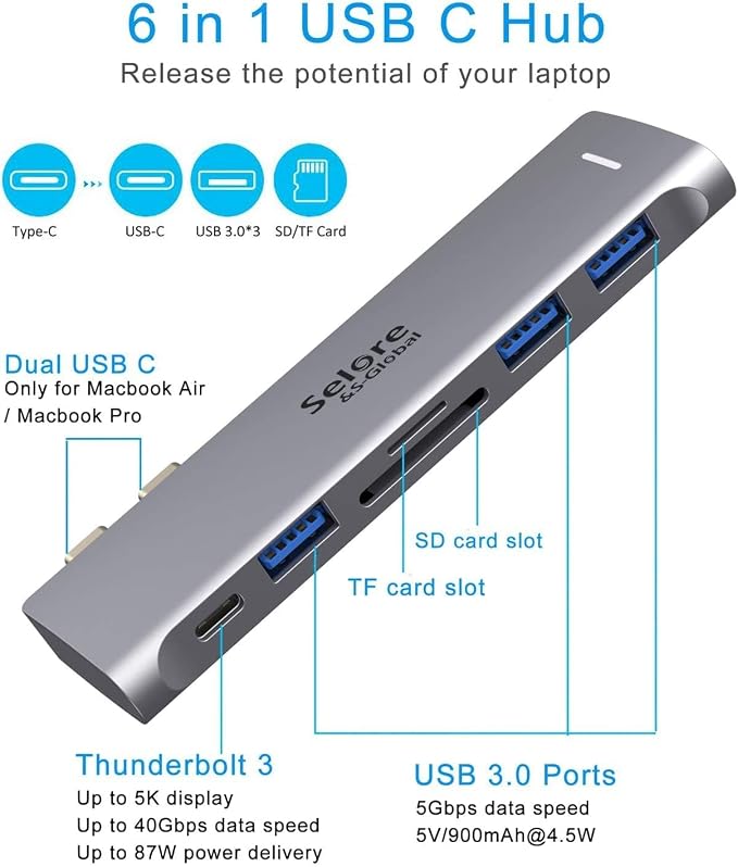 USB C Adapter for MacBook Pro/Air M1 M2 M3 2021 2020 2019 13" 15" 16", 6 in 1 USB-C Hub MacBook Pro Accessories with 3 USB 3.0 Ports,USB C to microSD/SD Card Reader and 100W Thunderbolt 3 PD Port