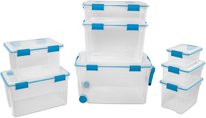 Sterilite 120 Qt Wheeled Gasket Box, Stackable Storage Bin with Latching Lid, Handle and Tight Seal, Plastic Container with Clear Base and Lid, 1-Pack