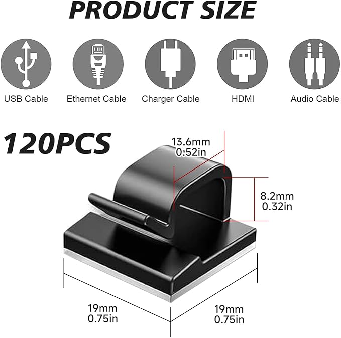 3/4 in Adhesive Cable Clips, 120pcs Outdoor Light Clips, Cord Clips, Sturdy Wire Clips, Finisher Wire Clamp for Home, Car, Office Wire Management Clips (Black, 3/4"-120PCS)
