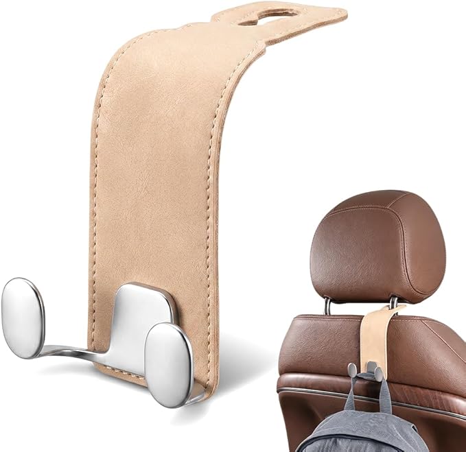 Car Purse Hook, Leather Headrest Hooks for Car, Heavy Duty Car Hooks, Universal Purse Holder for Car Seat, Vehicle Organizer Hanger for Handbag Grocery Bag Backpack Coat (Brown-1set)