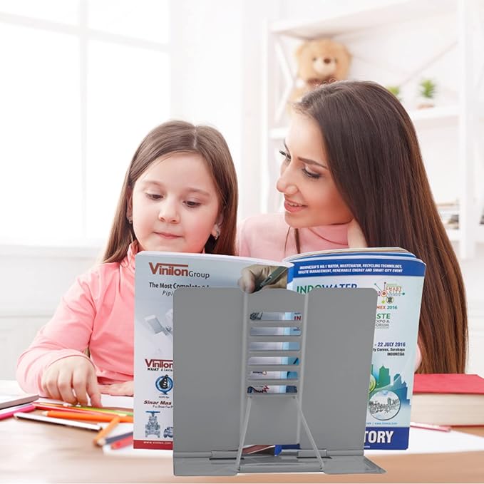 Honagu Metal Desk Book Holder, Hands Free Adjustable Cookbook & Document Holder, Portable Bookstand for Music Books, Textbooks, Recipes, Tablets & iPads (Grey)