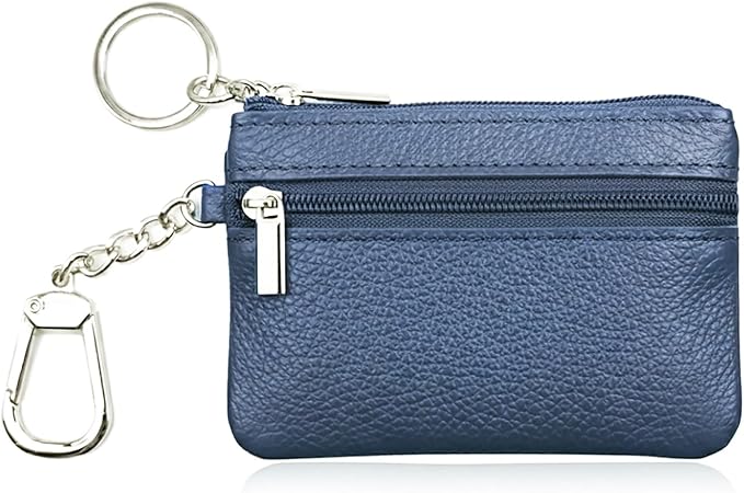 Hibate Small Leather Coin Purse Change Pouch for Women Men Kids with Zip Key Ring (Clip_Blue)