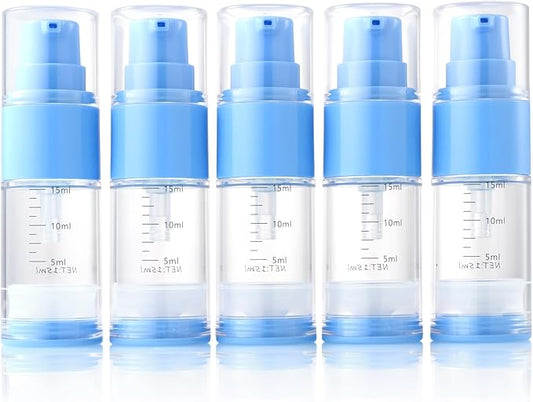 0.5oz/15ml Travel Airless Pump Bottles, 5 Pack Refillable Vacuum Cosmetic Containers with Clear Organizer Case & Labels, Small Lotion Dispenser Bottles for Skincare, Toiletries & Cosmetics