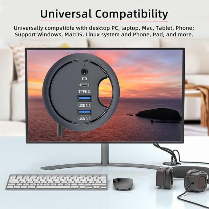 CY USB 3.0 Hub Sound Card USB-C 2 Port USB 60mm Desk Grommet Splitter Dock Station Headphone Mic Audio Interface for Desktop PC