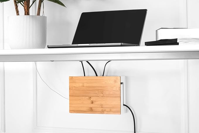 Bamboo Cable Management Box with Magnetic Lid - 12,6x7,8x4.3 in - Durable Cable Organizer to Hide Cords & Power Strip - Wall Mountable - Including Hardware - for Home, Office, Desk & More (White)