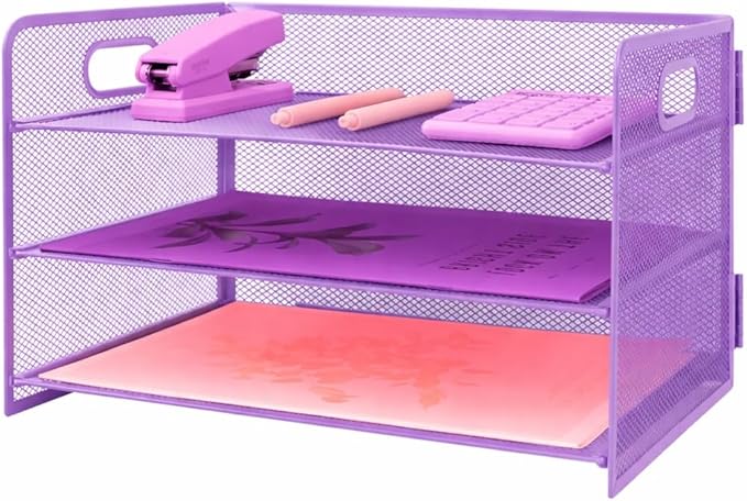 3 Tier Lettrer Tray Organizer with Handle, Metal Mesh Desk File Organizer with Sliding Trays, Paper Sorter Desk for Home Office School, Purple