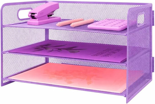 3 Tier Lettrer Tray Organizer with Handle, Metal Mesh Desk File Organizer with Sliding Trays, Paper Sorter Desk for Home Office School, Purple