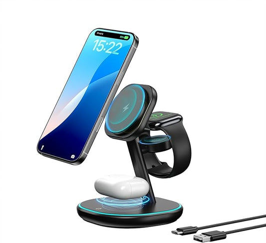 3-in-1 Charging Station, 2X Faster 15W Wireless Charging Station for iPhone 16/15/14/13/12, for Apple Watch, AirPods, Magnetic Wireless Charger with Sleep Friendly Light