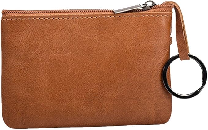 Hibate Brown Small Leather Coin Purse Change Pouch for Women Men Kids with Zip Key Ring