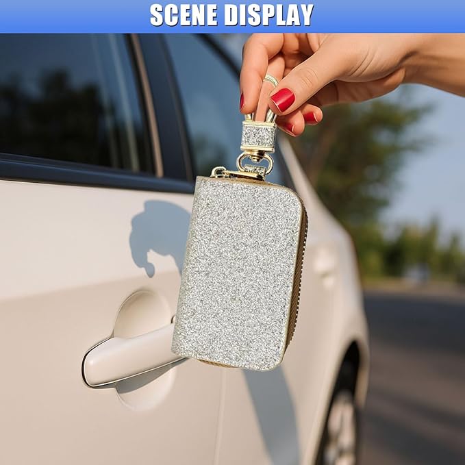 Bling Car Key Case, Leather Keyring Zipper Bag with Metal Hook, Remote Key Fob Cover, Auto Keychain Holder (Silver Gold)