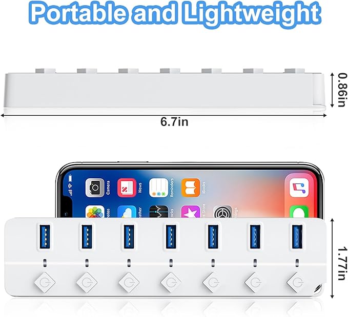 ONFINIO USB Hub 3.0, 7-Port USB Hub Splitter with Individual On/Off Switches and Lights, 3.2ft/1m Long Cable Compatible with MacBook, Laptop, Surface Pro, PS4, PC, Flash Drive, Mobile HDD-White