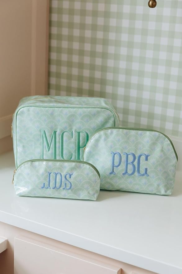Personalized Clear Coated Pouch - Medium or Large Toiletry Bag with Embroidered or Applique Monogram, Custom Makeup or Travel Organizer, Easy-Clean Cosmetic Bag, Travel Gift for Women (Palm, Mini)