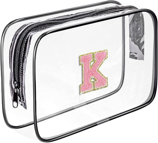 Clear Toiletry Bag,Portable Travel Toiletry Bag,Chenille Letter Cosmetic Bag with Zipper,Waterproof Makeup Bag,Cosmetic Storage Organizer for Women Men,Travel Essentials (Black,K)