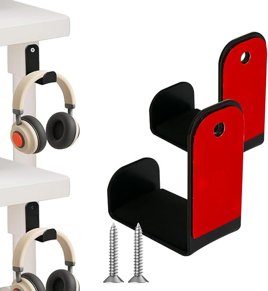 Wall Mount Headphone Stand - 2 Pack with Adhesive & Screws, Dual Installation Hook Holder, Non-Slip Rubber Pad for Gaming Headsets, Desk or Wall Organization Accessories