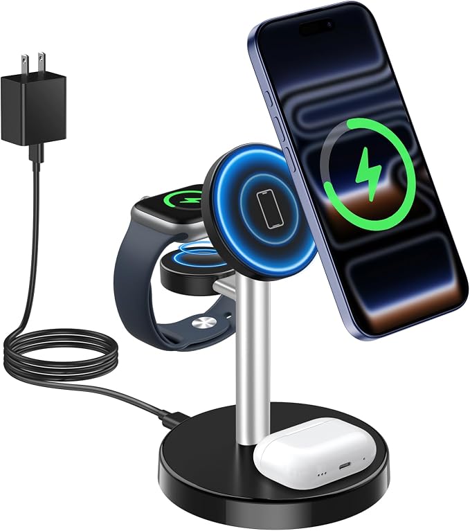 Aeinidi 2026 3 in 1 Wireless Charging Station Compatible with MagSafe Charger Stand, 15W Fast Magnetic Mag-Safe Charger for iPhone 17 16 15 14 13 12 Series Apple iWatch AirPods Pro 4 3 2