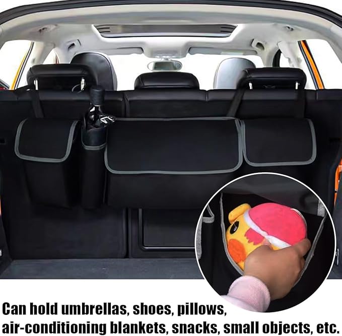Yourkar Car Trunk Organizer, Oxford Backseat Storage Bag with 4 Pockets, Waterproof Adjustable Large Capacity Hanging Collapsible Bag for Most Vehicles, Universal Car Accessories