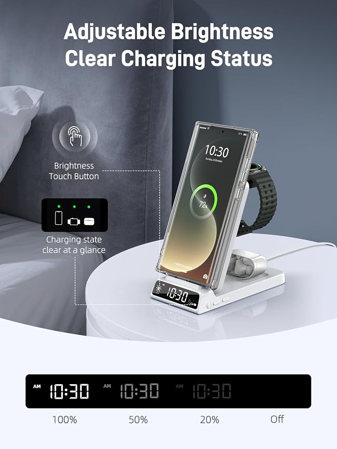 Magnetic Wireless Charger for Samsung, 3 in 1 Android Charging Station for Galaxy S26 Ultra/S25 Ultra/Z Fold/Flip, Galaxy Watch 8/8 Classic/Ultra, Buds 4, Nightstand Bedside Stand (with Adapter)