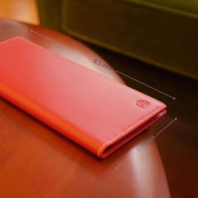 RFID Blocking Genuine Plain Leather Long Slim Passport Holder with Boarding Pass, Card, Cash Slots (Red)