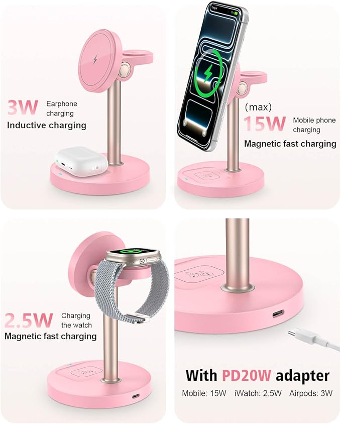 3 in 1 Magnetic Wireless Charging Station, 15W Fast Charger Stand for iPhone, Phone Charger Stand for Desk Nightstand, for iPhone 17/16/15/14/13/12, Apple Watch & AirPods, Adapter Not Included -Pink