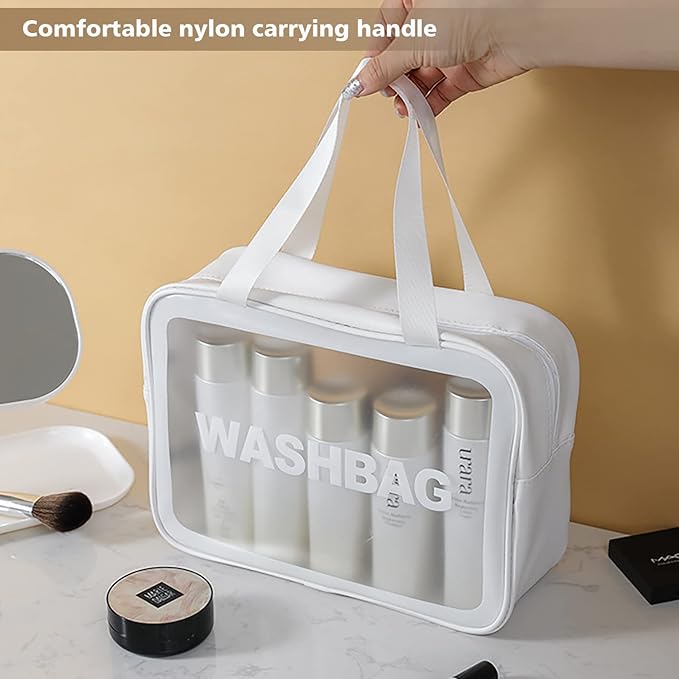 Travel Toiletry Bag for Women and Men, Matte Translucent Shower Bag with Handy Handle, Makeup Cosmetic Organizer Bag for Travel Toiletries Accessories (White)